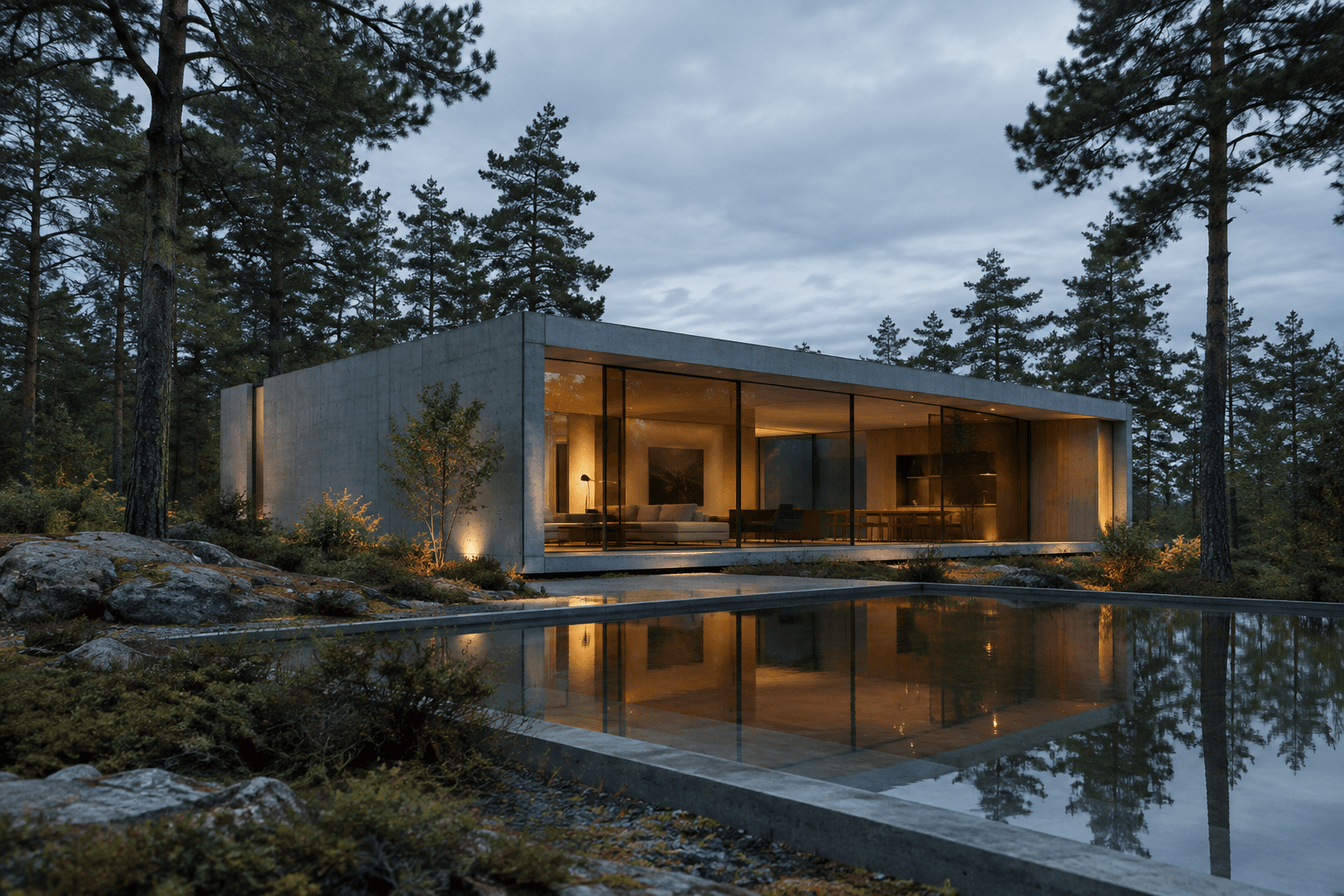 Illustrative concrete pavilion surrounded by pine trees