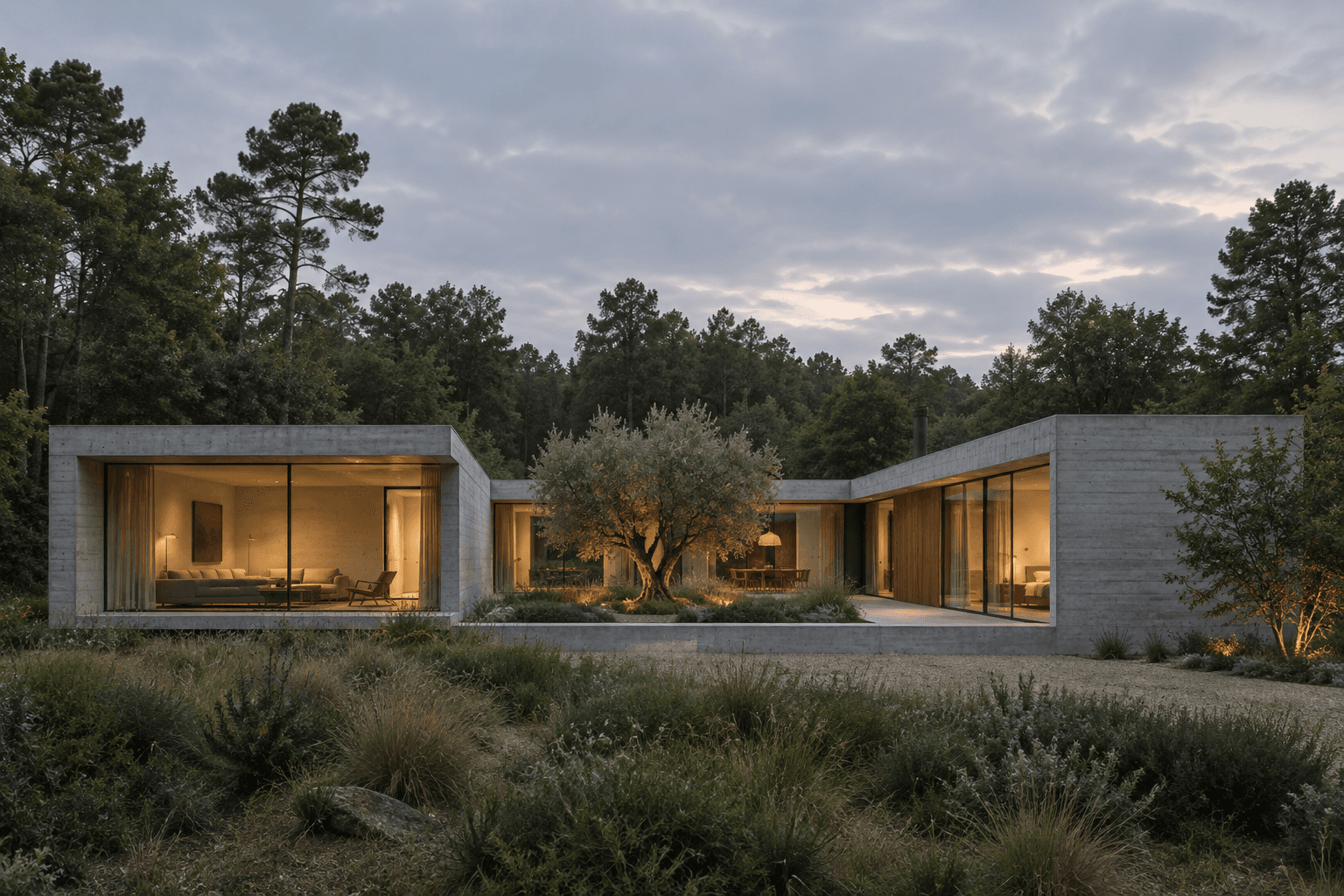Illustrative concrete courtyard house with warm windows and a garden
