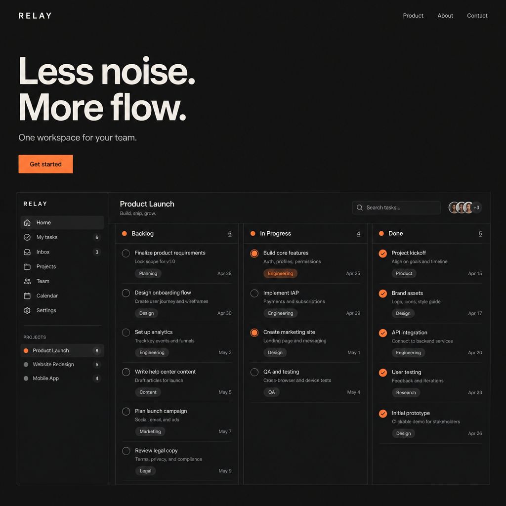 Relay software website concept with a workspace interface
