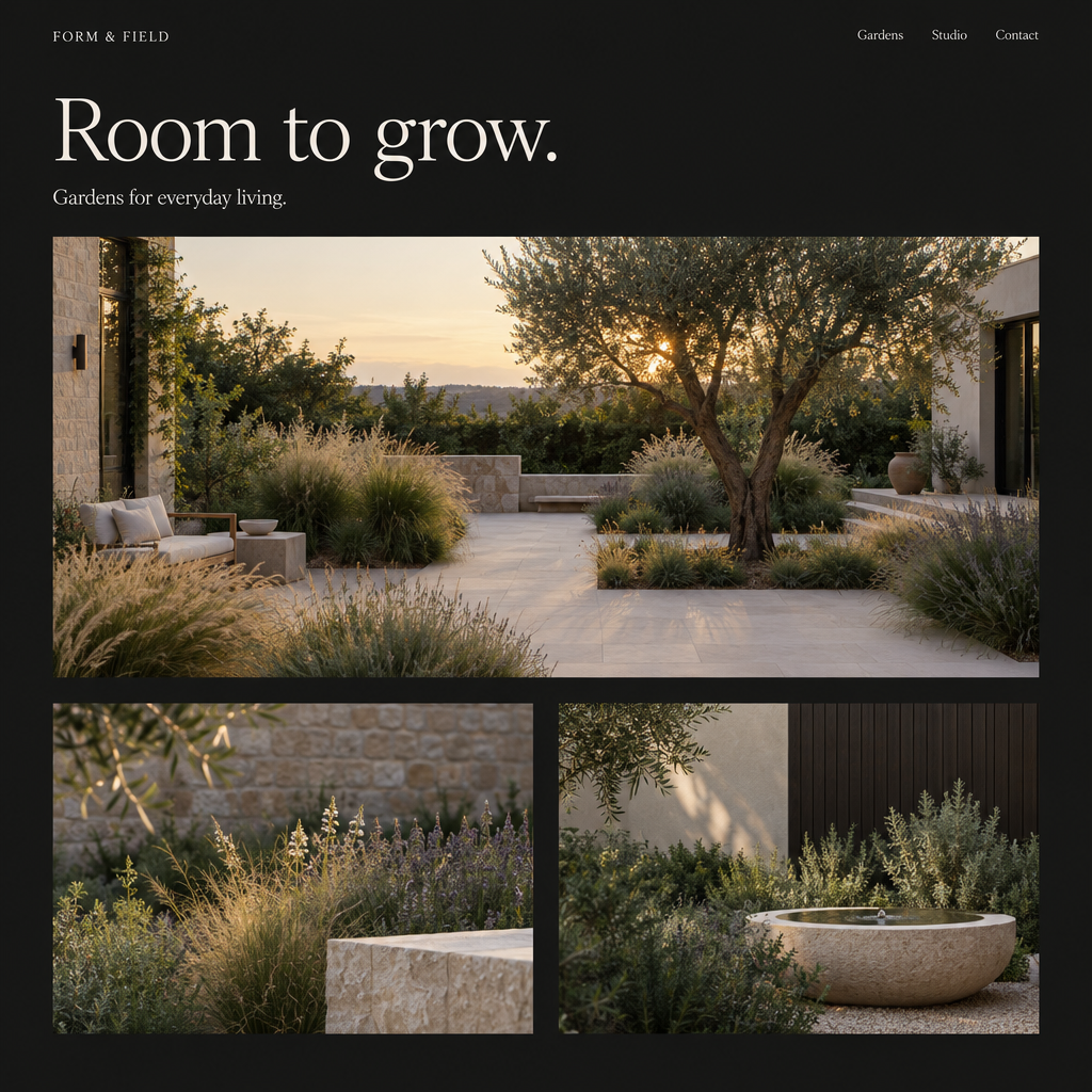 Form & Field garden design website concept with courtyard photography